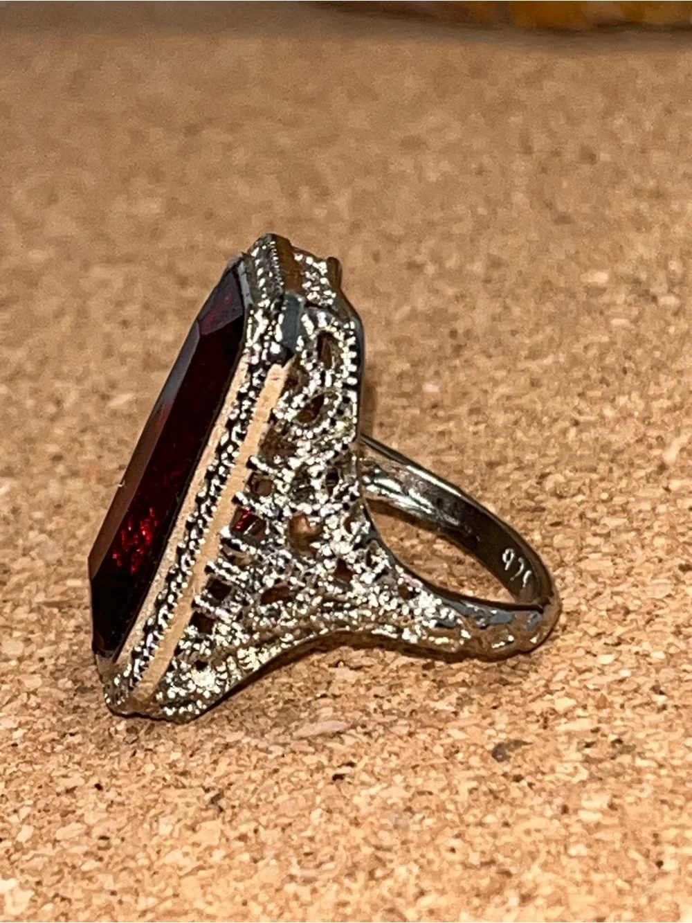 925 Sterling Silver Ruby Red Emerald Cut Cocktail Ring CZ Halo Filigree Size 6